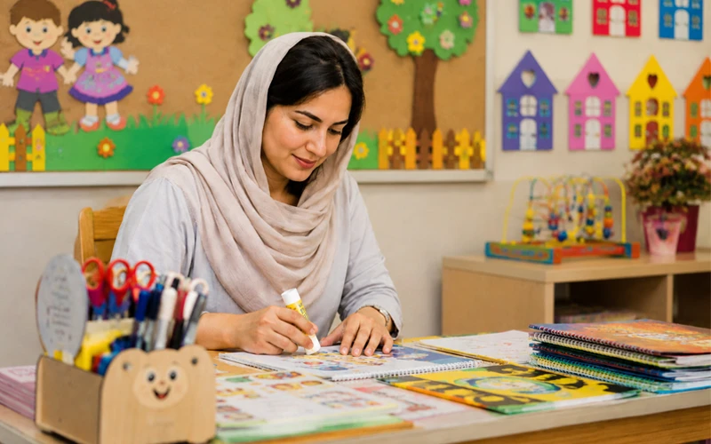 مربی مهدکودک در حال ساخت کاردستی