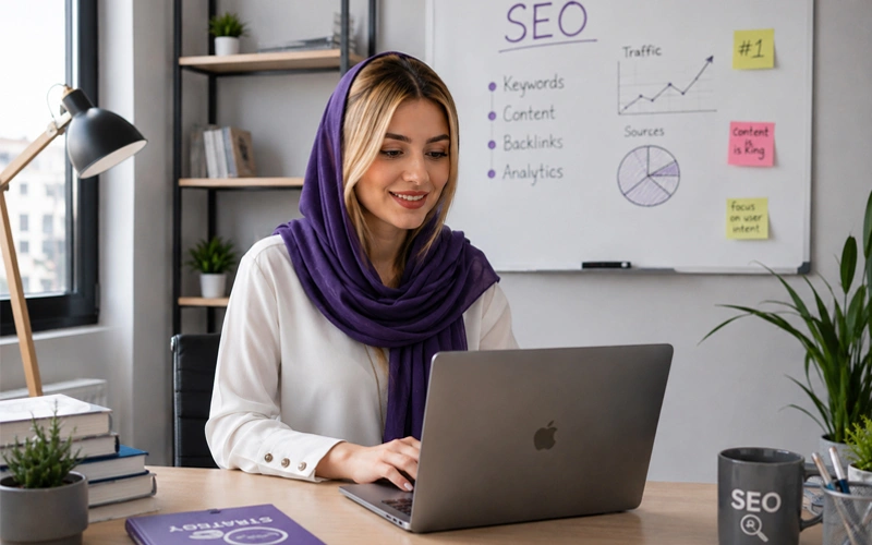 سئوکار خانم در حال کار با لپ تاپ
