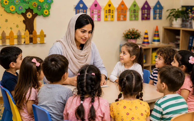 مربی در کنار کودکان در کلاس