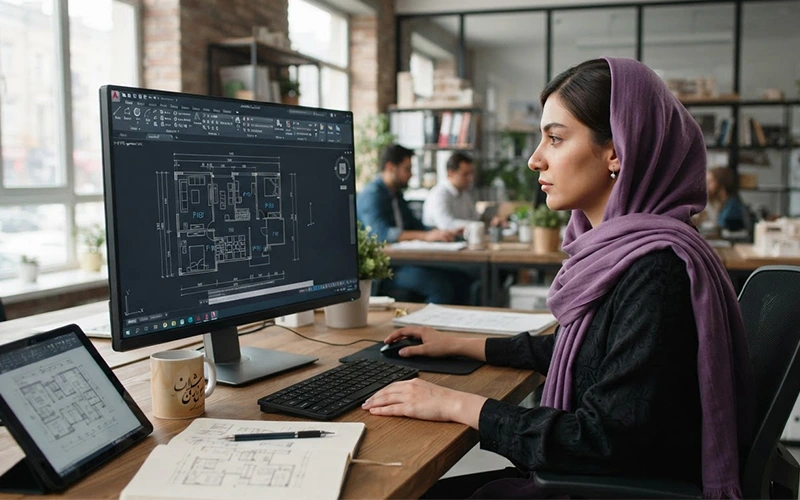 مهندس معمار در حال ترسیم پلان ساختمان در اتوکد